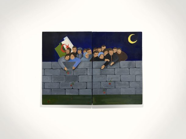 On se souvient d'octobre 61, huile sur assemblage de bois, retable, 2026 - Non Fiction