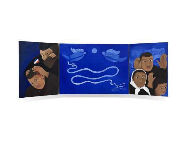 On se souvient d'octobre 61, huile sur assemblage de bois, retable, 2026 - Non Fiction